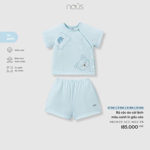  Bộ cộc áo cài lệch màu xanh in gấu cáo 