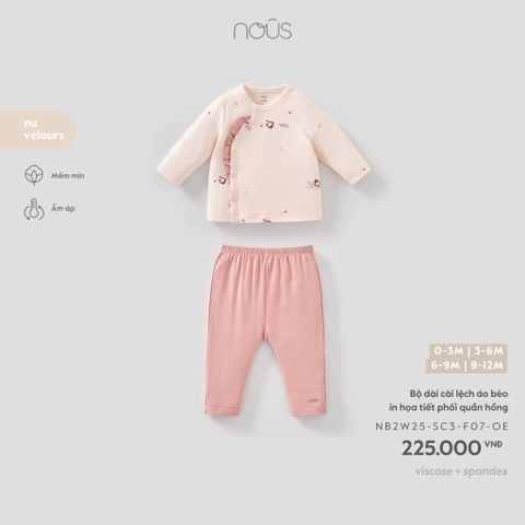  Bộ dài cài lệch áo bèo in họa tiết phối quần hồng F07 