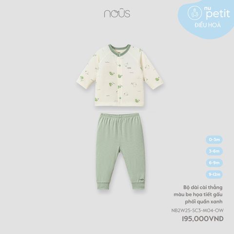  Bộ dài cài thẳng màu be họa tiết gấu phối quần xanh 