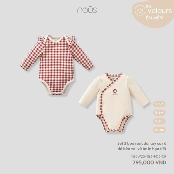  Set 2 bodysuit dài tay ca rô đỏ bèo vai và be in họa tiết 