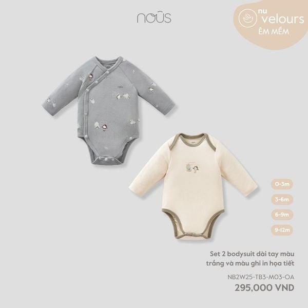 Set 2 bodysuit dài tay màu trắng và màu ghi in họa tiết 