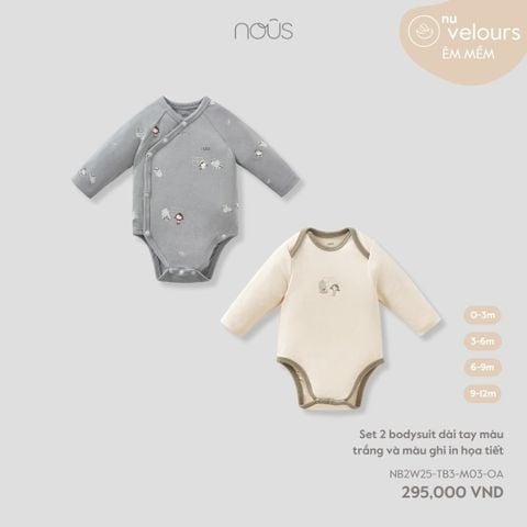  Set 2 bodysuit dài tay màu trắng và màu ghi in họa tiết 