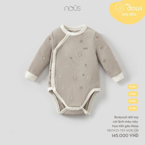  Bodysuit dài tay cài lệch màu nâu họa tiết gấu Nous 