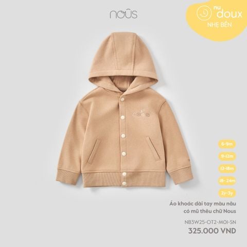  Áo khoác dài tay màu nâu có mũ thêu chữ Nous 