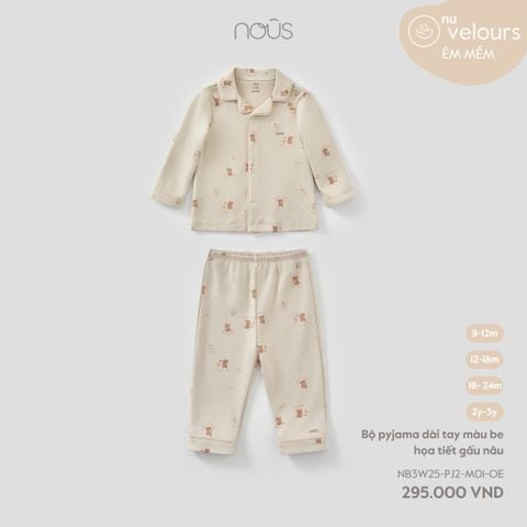  Bộ pyjama dài tay màu be họa tiết gấu nâu 