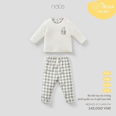  Bộ dài tay áo trắng phối quần ca rô ghi họa tiết 