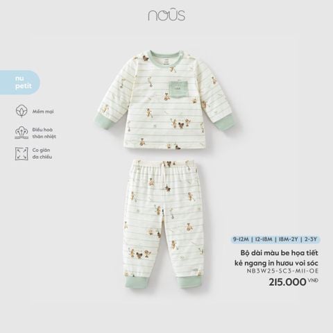  Bộ dài màu be họa tiết kẻ ngang in hươu voi sóc 