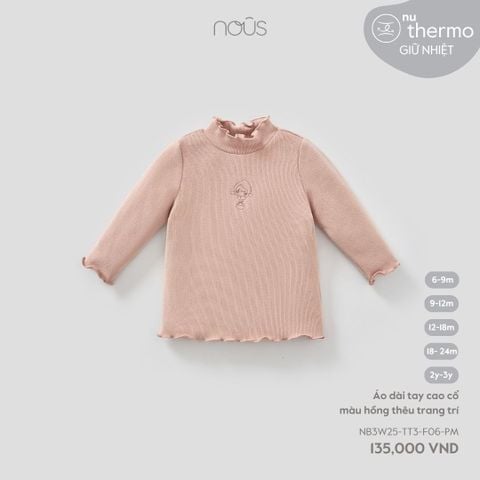  Áo dài tay cao cổ màu hồng thêu trang trí 