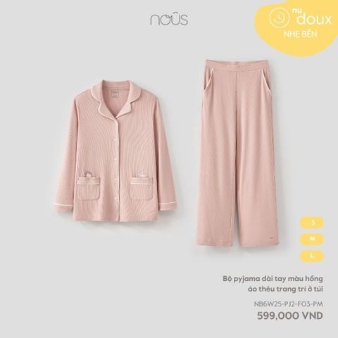  Bộ pyjama dài tay màu hồng áo thêu trang trí ở túi 