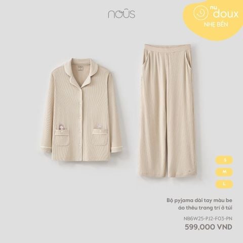  Bộ pyjama dài tay màu be áo thêu trang trí ở túi 