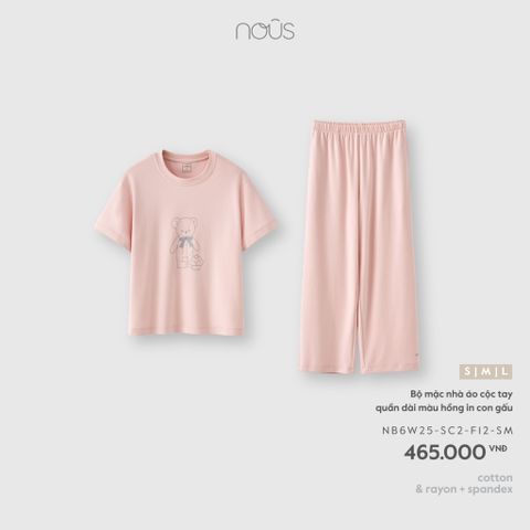  Bộ mặc nhà áo cộc tay quần dài màu hồng in con gấu F12 