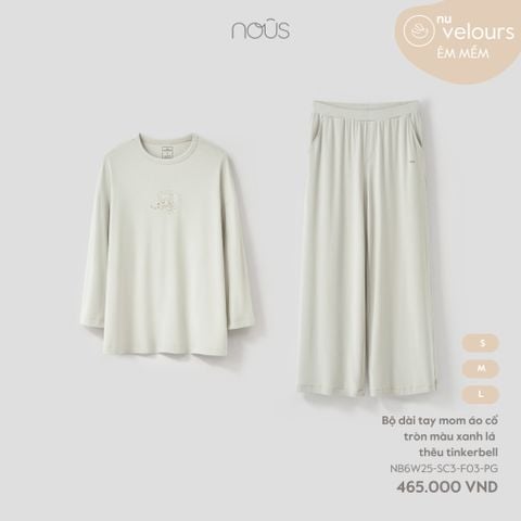  Bộ dài tay mom áo cổ tròn màu xanh lá thêu tinkerbell 