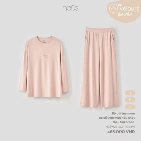  Bộ dài tay mom áo cổ tròn màu nâu nhạt thêu tinkerbell 