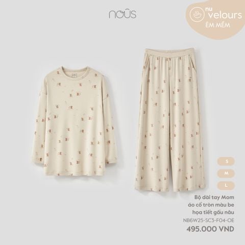  Bộ dài tay Mom áo cổ tròn màu be họa tiết gấu nâu 