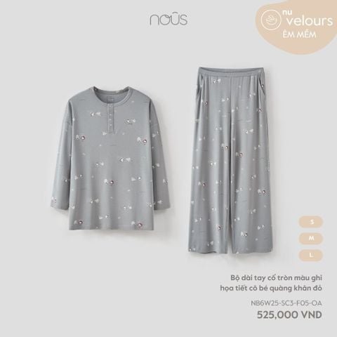  Bộ dài tay cổ tròn màu ghi họa tiết cô bé quàng khăn đỏ 