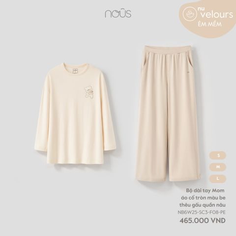  Bộ dài tay Mom áo cổ tròn màu be thêu gấu quần nâu 