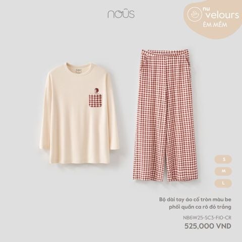  Bộ dài tay áo cổ tròn màu be phối quần ca rô đỏ trắng 