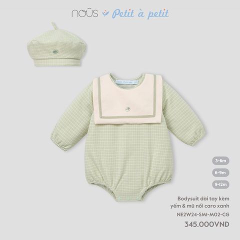  Bodysuit dài tay kèm yếm & mũ nồi caro xanh 