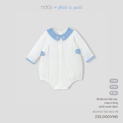  Bodysuit dài tay màu trắng phối xanh đậm 