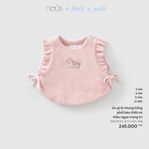  Áo gi lê nhung hồng phối bèo thắt nơ thêu ngựa trang trí 