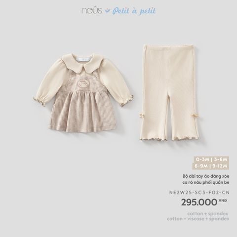  Bộ dài tay áo dáng xòe ca rô nâu phối quần be F02 