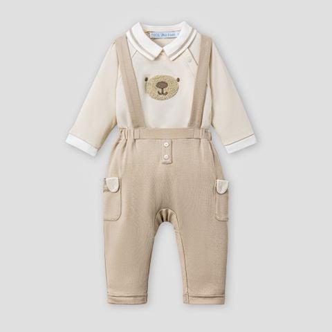  Bộ dài tay áo cài lệch màu be phối quần yếm nâu 