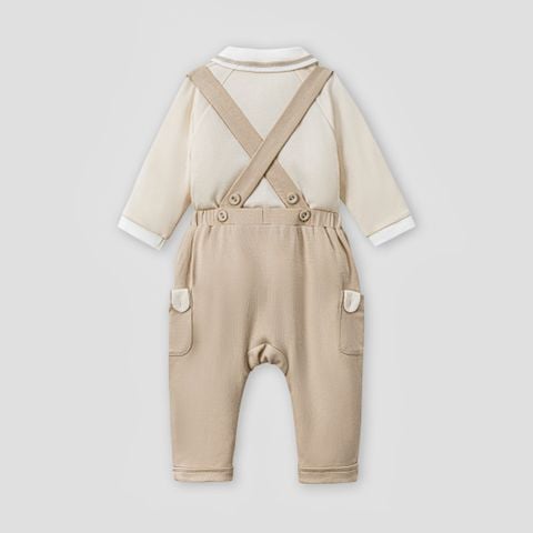  Bộ dài tay áo cài lệch màu be phối quần yếm nâu 