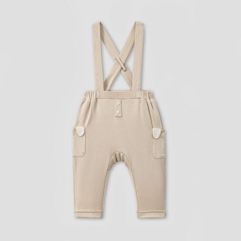  Bộ dài tay áo cài lệch màu be phối quần yếm nâu 