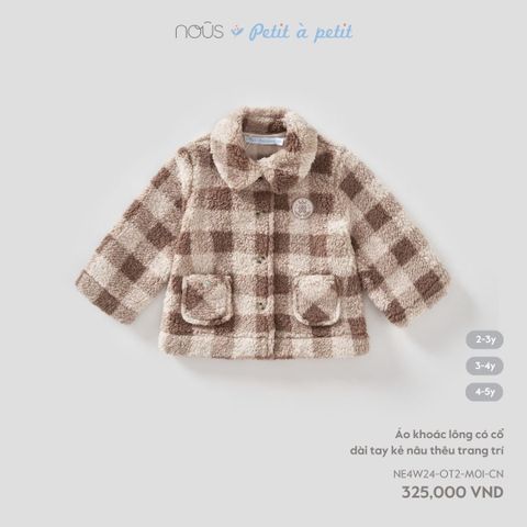  Áo khoác lông có cổ dài tay kẻ nâu thêu trang trí 