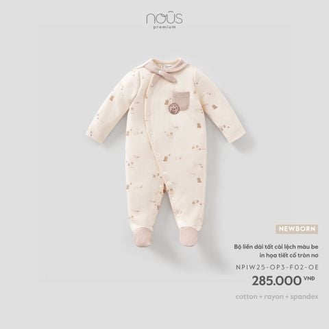  Bộ liền dài tất cài lệch màu be in họa tiết cổ tròn nơ NB 
