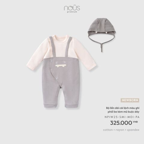  Bộ liền dài cài lệch màu ghi phối be kèm mũ buộc dây NB 