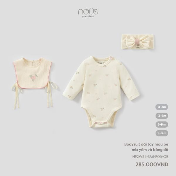  Bodysuit dài tay màu be mix yếm và băng đô F03 