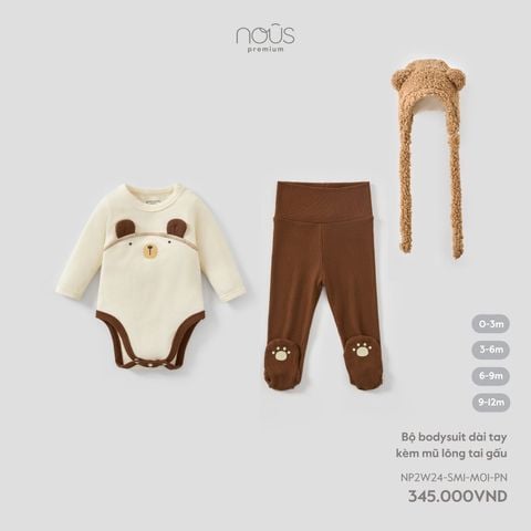  Bộ Bodysuit dài tay kèm mũ lông tai gấu PN 