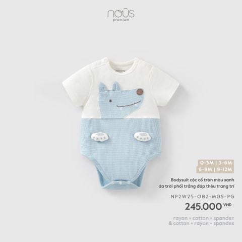 Bodysuit cộc cổ tròn màu xanh da trời  phối trắng đáp thêu trang trí M05 
