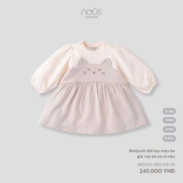  Bodysuit dài tay màu be giả váy kẻ ca rô nâu 