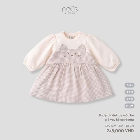  Bodysuit dài tay màu be giả váy kẻ ca rô nâu 