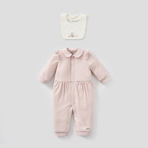  Bộ liền dài không tất hồng phối yếm trắng thêu thỏ 