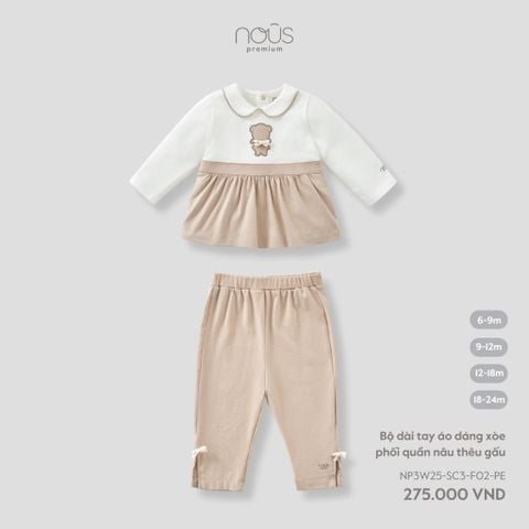  Bộ dài tay áo dáng xòe phối quần nâu thêu gấu 