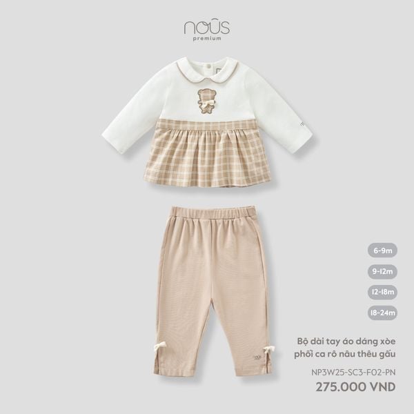  Bộ dài tay áo dáng xòe phối ca rô nâu thêu gấu 