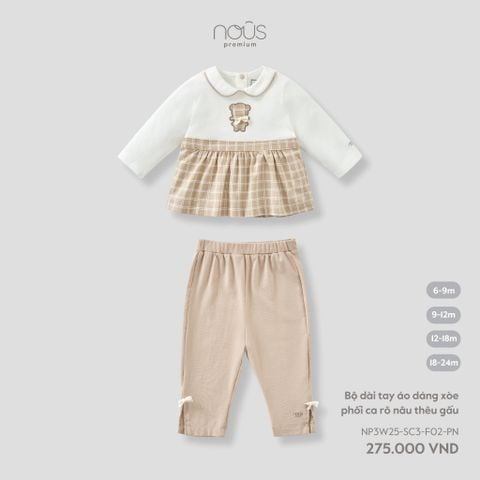  Bộ dài tay áo dáng xòe phối ca rô nâu thêu gấu 