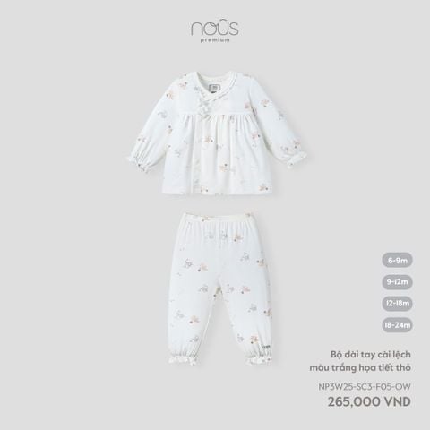  Bộ dài tay cài lệch màu trắng họa tiết thỏ 