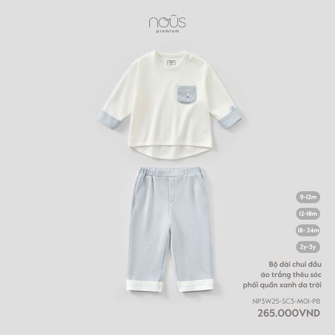  Bộ dài chui đầu áo trắng thêu sóc phối quần xanh da trời 