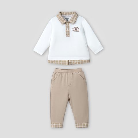  Bộ dài có cổ áo trắng thêu chữ phối quần be nâu 