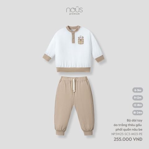  Bộ dài tay áo trắng thêu gấu phối quần nâu be 