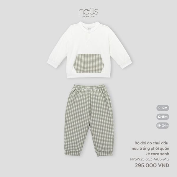  Bộ dài áo chui đầu màu trắng phối quần kẻ caro xanh 