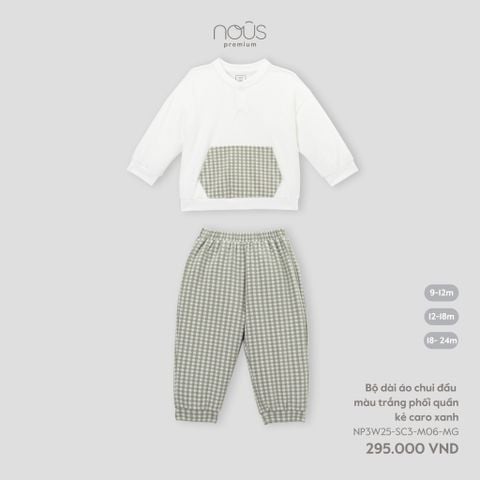  Bộ dài áo chui đầu màu trắng phối quần kẻ caro xanh 