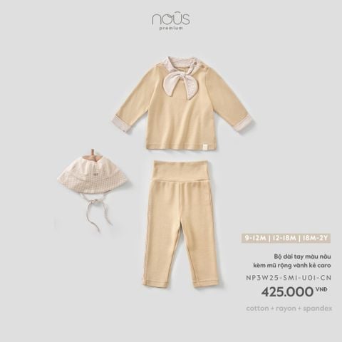  Bộ dài tay màu nâu kèm mũ rộng vành kẻ caro U01 