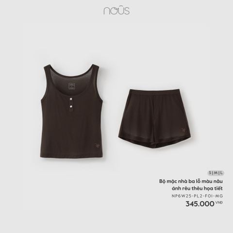  Bộ mặc nhà ba lỗ màu nâu ánh rêu thêu họa tiết 