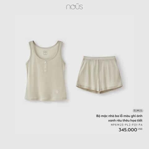  Bộ mặc nhà ba lỗ màu ghi ánh xanh rêu thêu họa tiết 