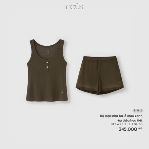  Bộ mặc nhà ba lỗ màu xanh rêu thêu họa tiết 